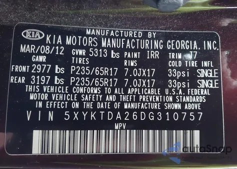 2013 Kia Sorento Lx V6 из США, поврежденный, VIN 5XYKTDA26DG310757